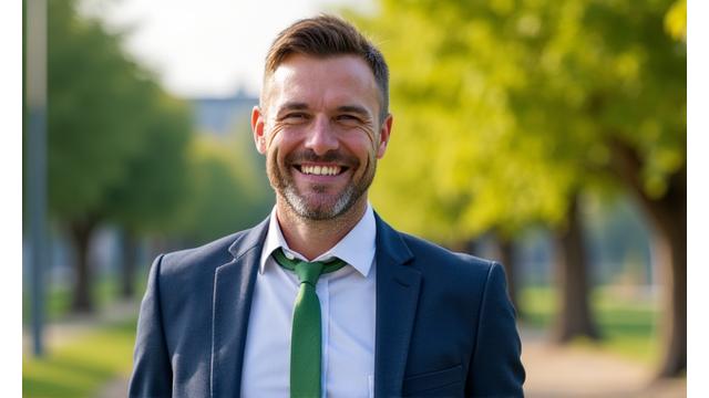 Zdjęcie dynamicznego mężczyzny w wieku około 38 lat, uśmiechniętego i pełnego energii, być może uprawiającego lekki jogging w parku.