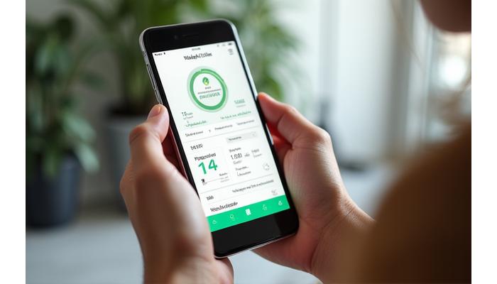 Smartfon lub tablet z otwartą aplikacją Zdrowie Dnia, pokazującą wykresy postępów użytkownika, kalendarz aktywności i cele, demonstrującą łatwość monitorowania.
