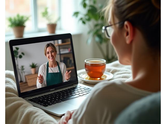 Kobieta w średnim wieku słucha webinaru o zdrowej diecie uśmiechnięta