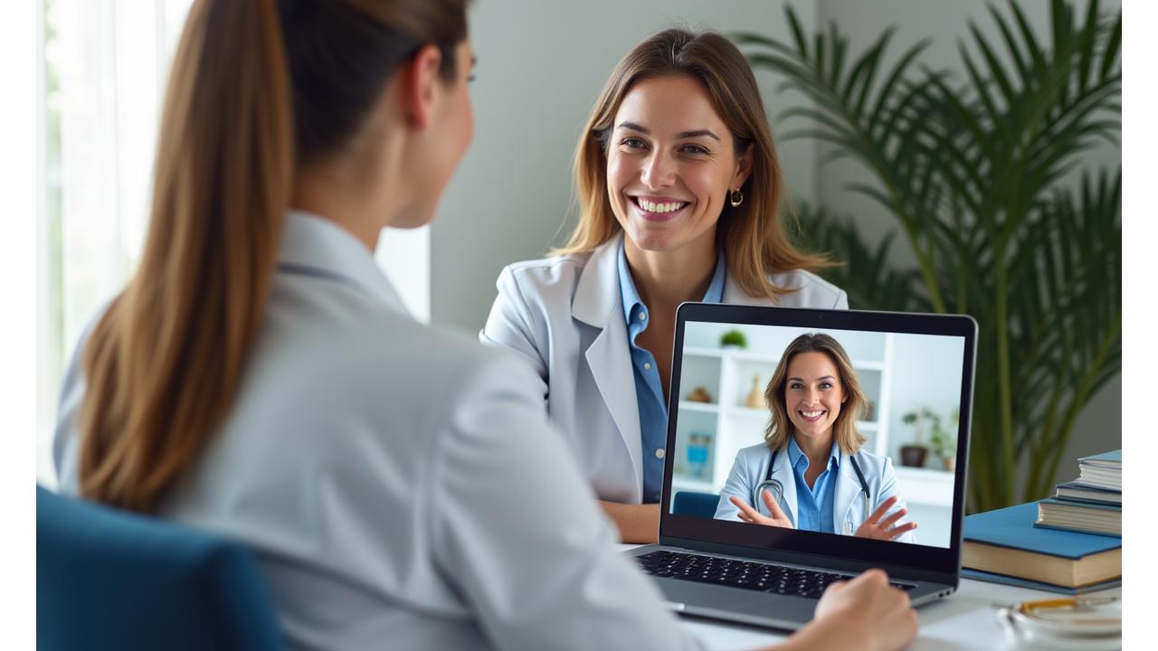Profesjonalny dietetyk lub specjalista od zdrowia jelit rozmawiający z klientem podczas konsultacji online na ekranie komputera. Dzieje się to w jasnym, estetycznym biurze.