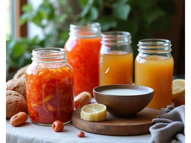 Słoiki z domowym kimchi, kiszoną kapustą i kefirem, symbolizujące fermentowane produkty.