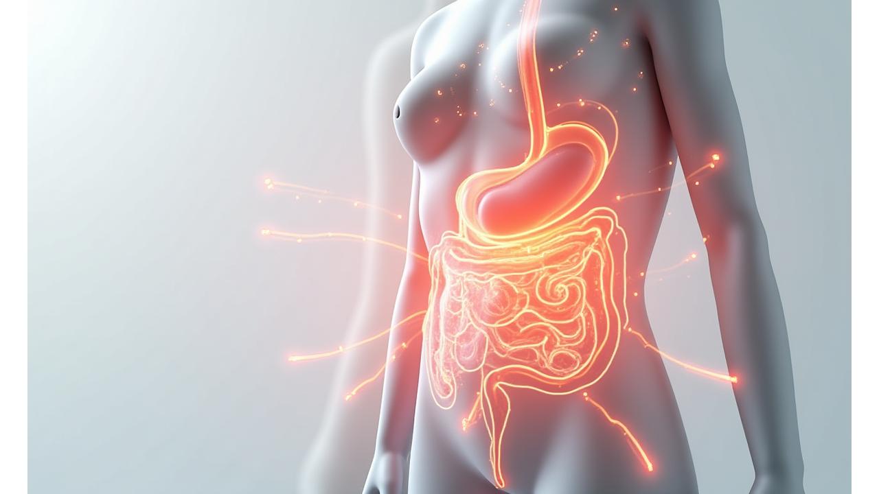 Infografika – jelita i ich wpływ na organizm człowieka po 40. roku życia, pokazująca połączenia z układem odpornościowym, mózgiem, metabolizmem i gospodarką hormonalną.